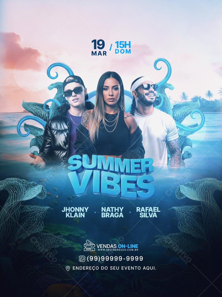 Flyer Festa Summer Vibes Balada Março PSD Editável