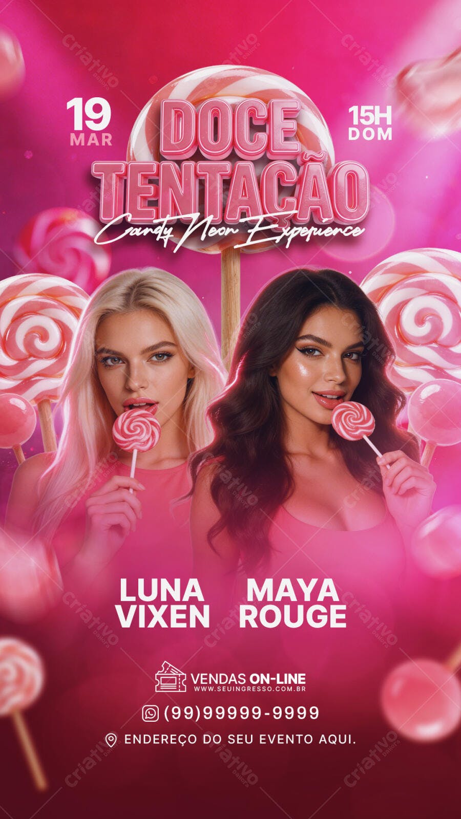 Flyer Festa Doce Tentação Balada Candy Neon PSD Editável