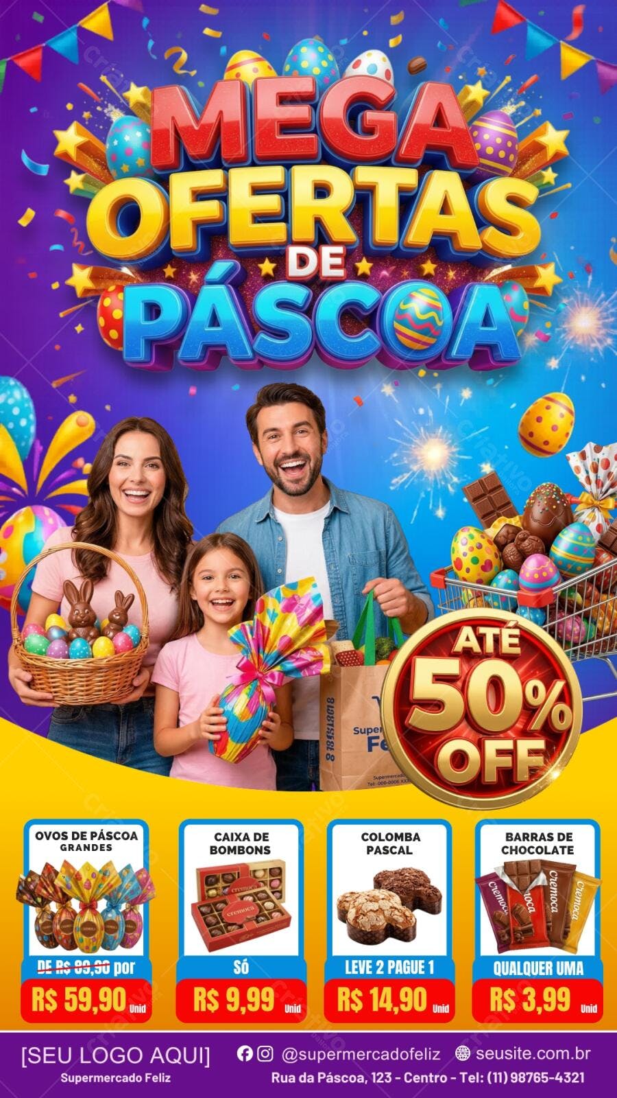 Template Canva Flyer Páscoa Ofertas Supermercado Colorido Editável