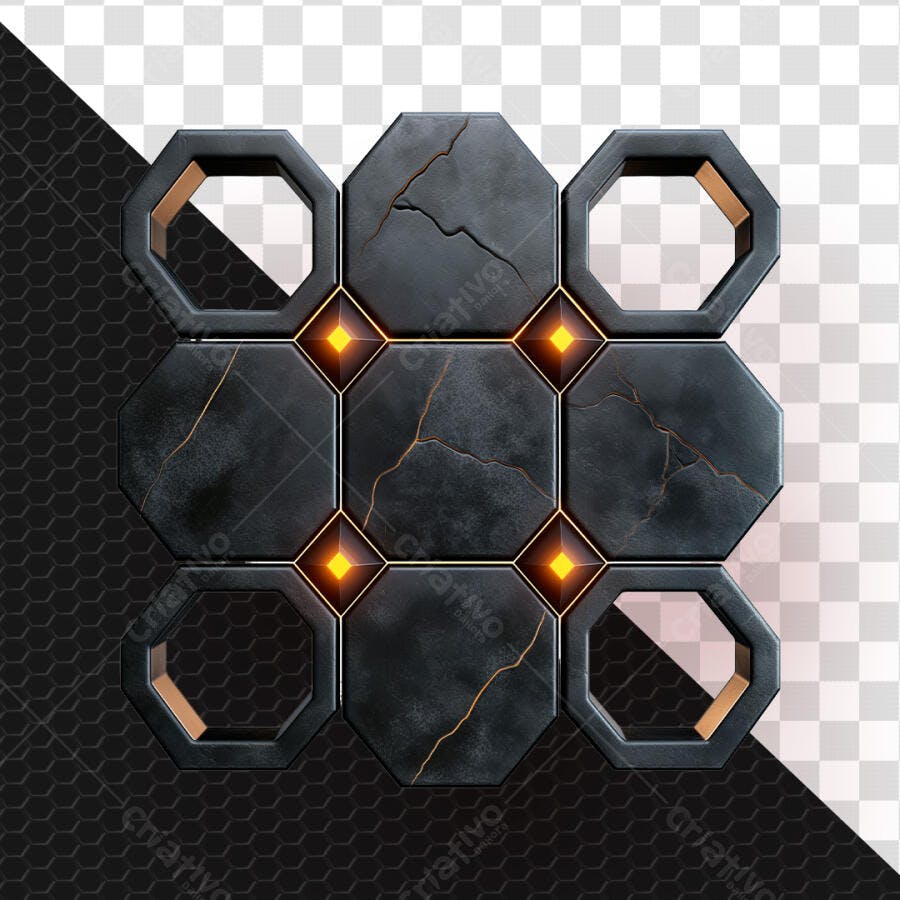 Elemento 3D Hexagonal Pedra Escura Luz Laranja PSD Editável