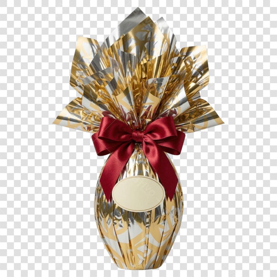 Foto Recortada Ovo de Páscoa Dourado Laço Vermelho PNG Fundo Transparente