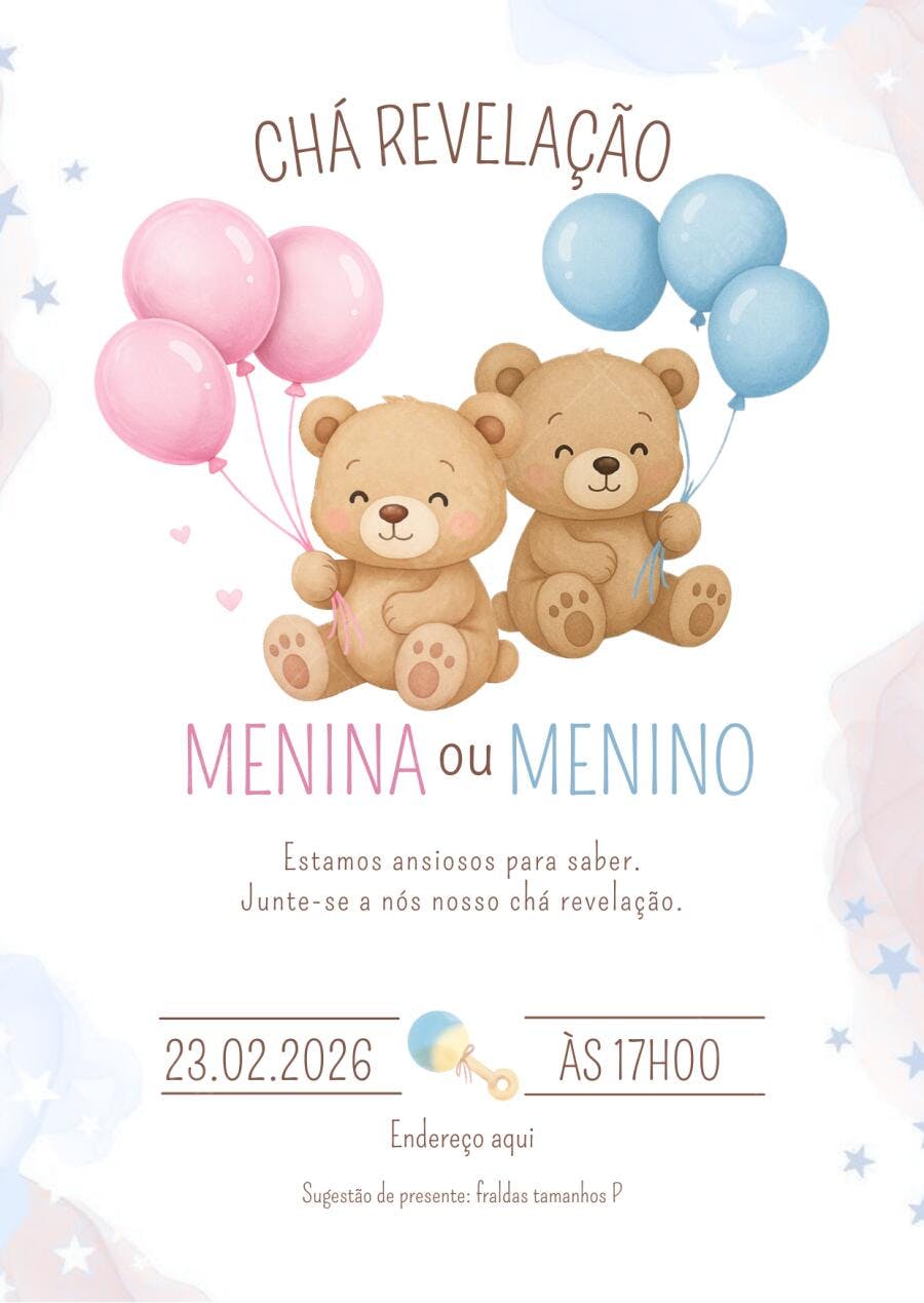 Convite Chá Revelação Ursinhos Balões Rosa Azul Editável
