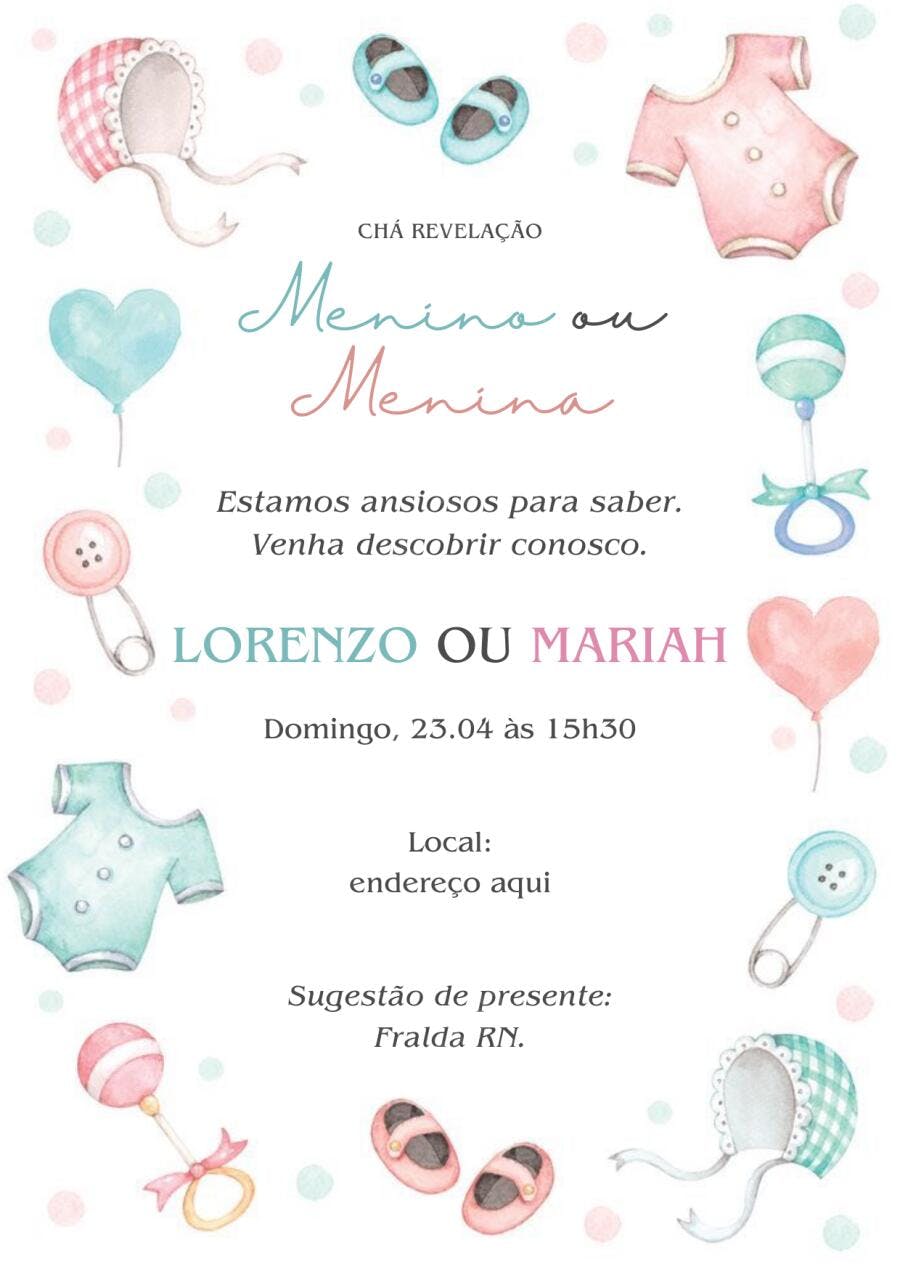 Convite Chá Revelação Menino ou Menina Aquarela Editável