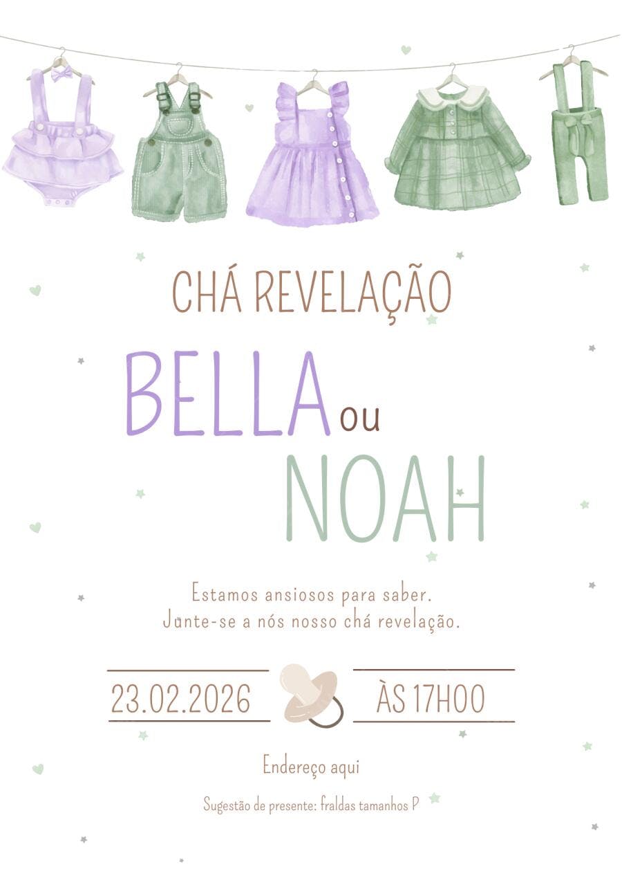 Convite Chá Revelação Roupinhas Aquarela Neutro Editável