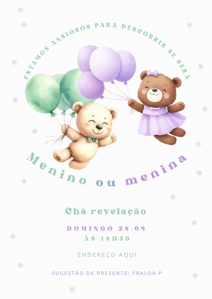 Convite Chá Revelação Ursos Balões Editável