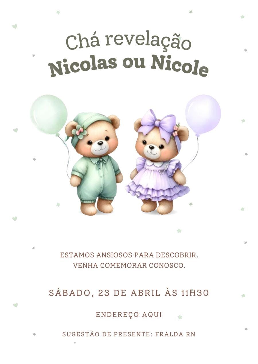 Convite Chá Revelação Ursinhos Menino Menina Editável