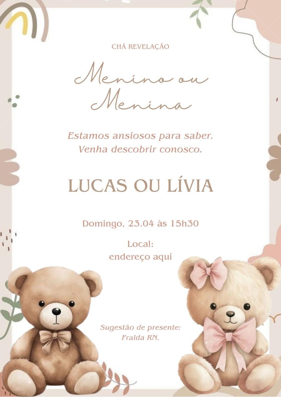Convite Chá Revelação Ursinhos Boho Neutro Editável