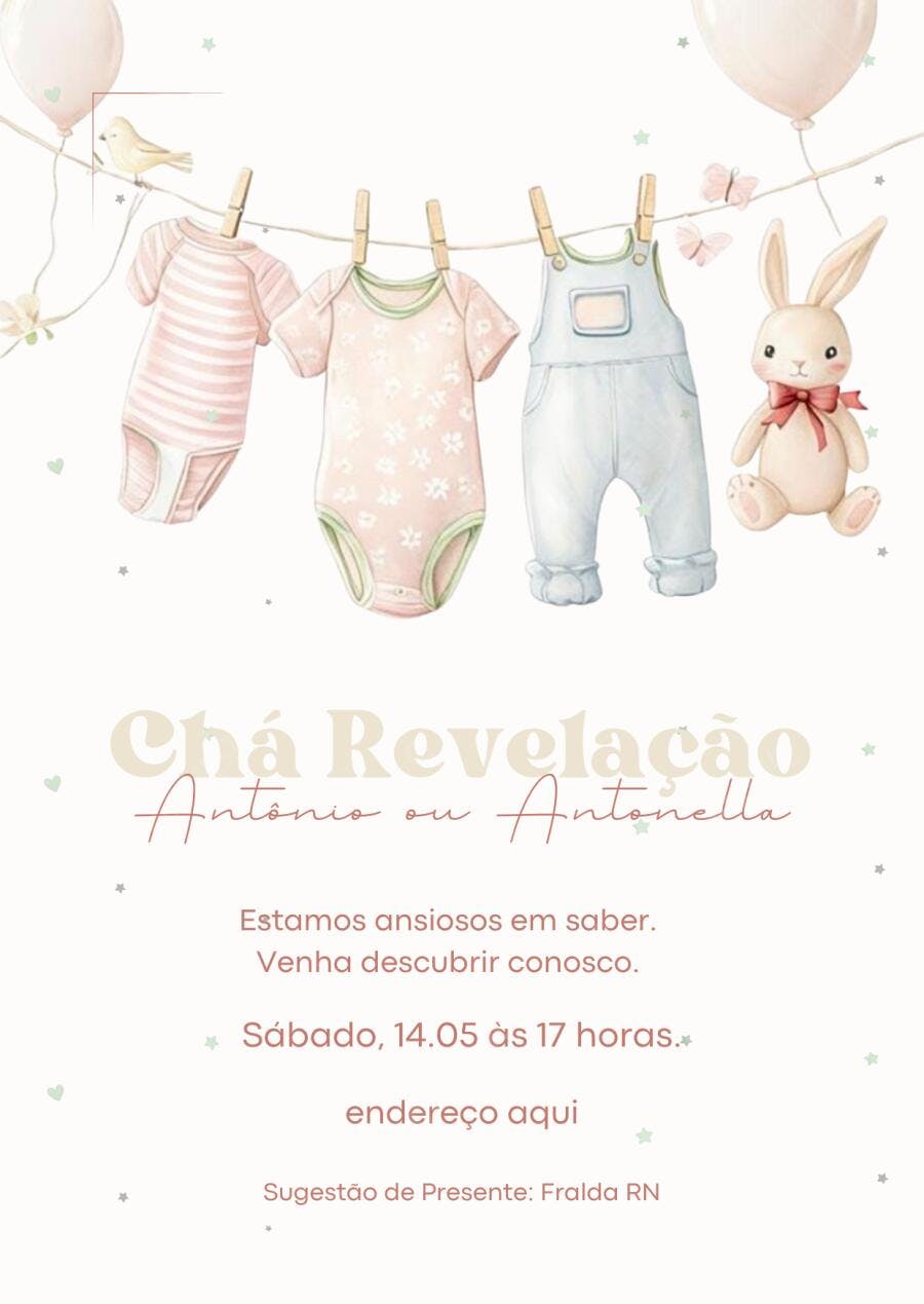 Convite Chá Revelação Roupinhas Bebê Neutro Editável