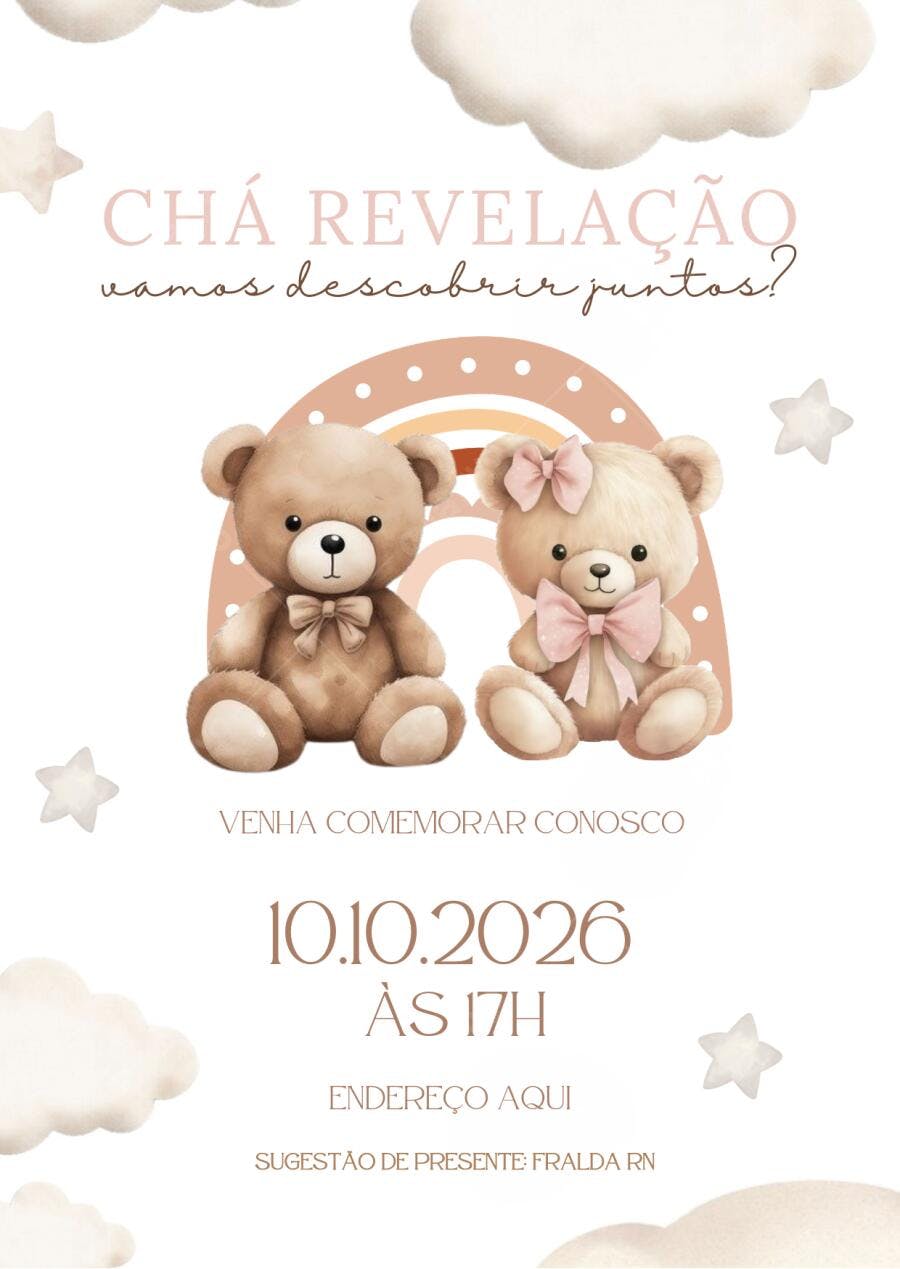 Convite Chá Revelação Ursinhos Gêmeos Neutro Editável