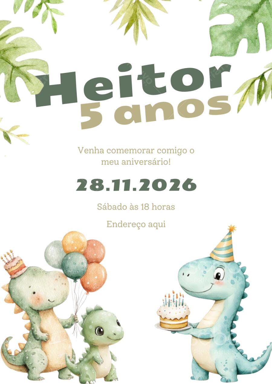 Convite Aniversário Dinossauro Baby 5 Anos Editável