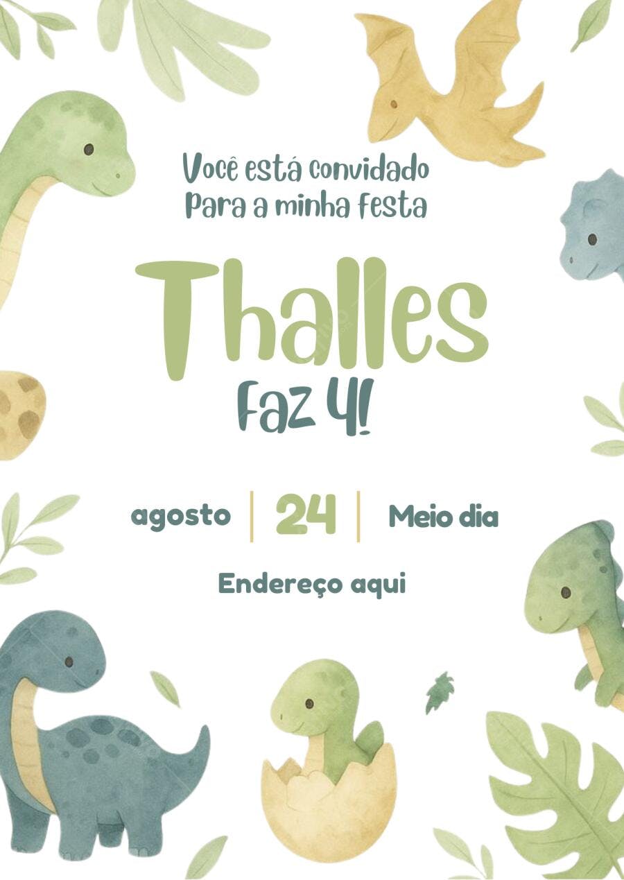 Convite Aniversário Dinossauro Baby 4 Anos Editável