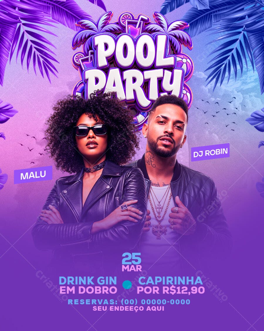 Flyer Pool Party Festa Balada Março PSD Editável