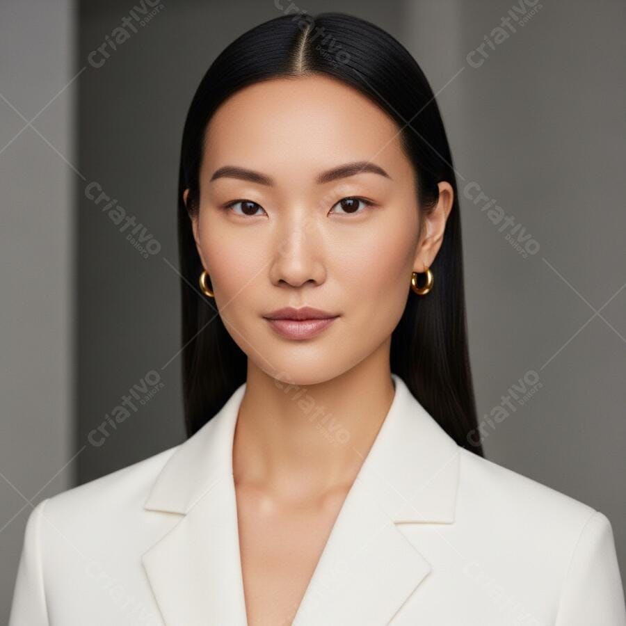 Foto Retrato Profissional Mulher Asiática Jovem Seriedade Fundo Neutro