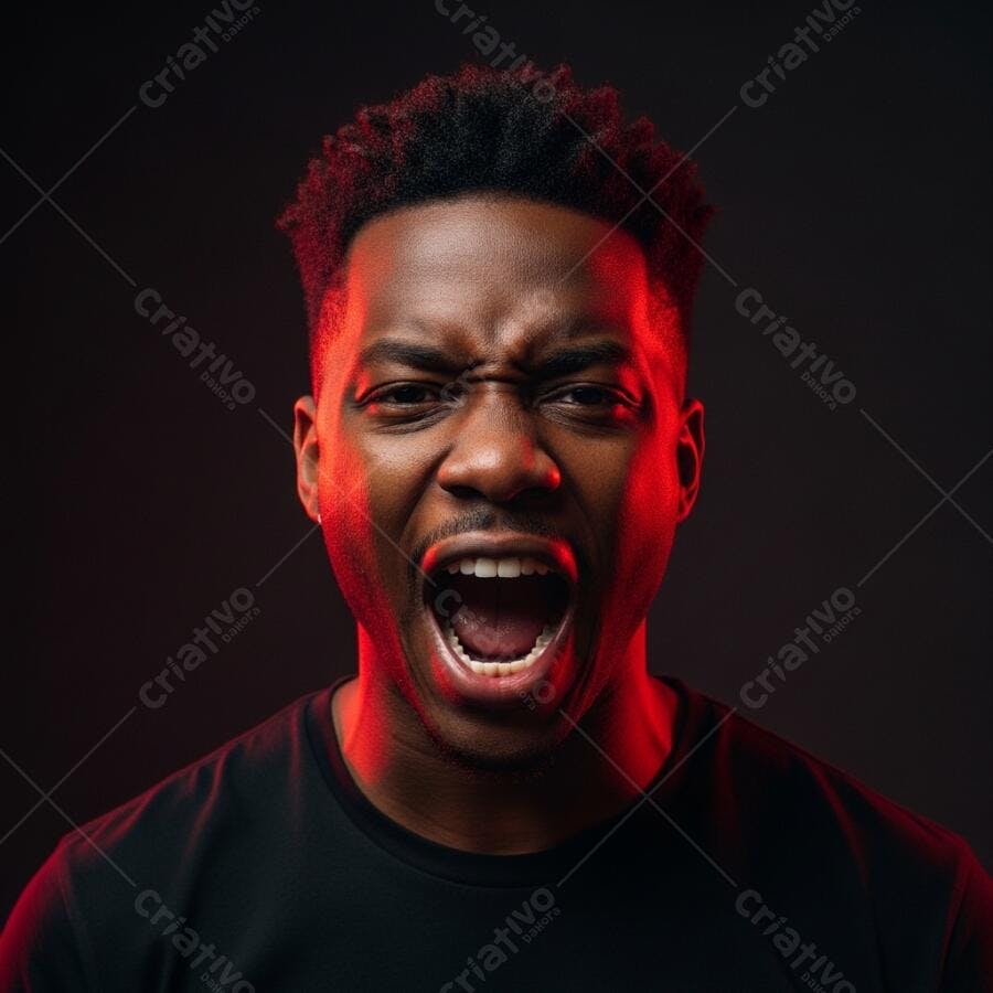Foto Homem Negro Gritando Expressão Raiva Fundo Escuro