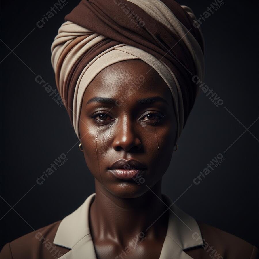 Foto Retrato Mulher Negra Chorando Turbante Marrom Fundo Escuro