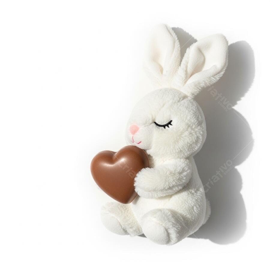 Foto Pelúcia Coelho Branco Coração Chocolate Páscoa