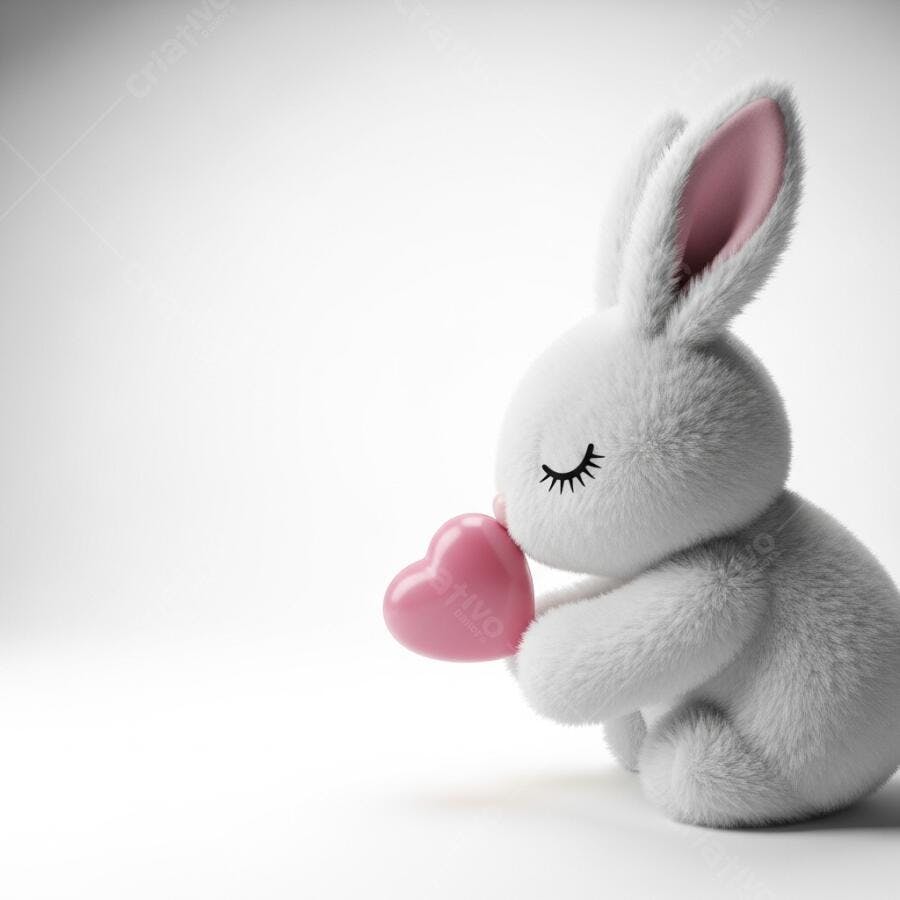 Foto Coelho Branco Fofo Segurando Coração Rosa Estúdio