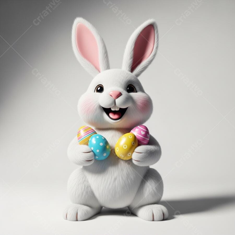 Coelho da Páscoa Fofo Segurando Ovos Coloridos Fundo Branco