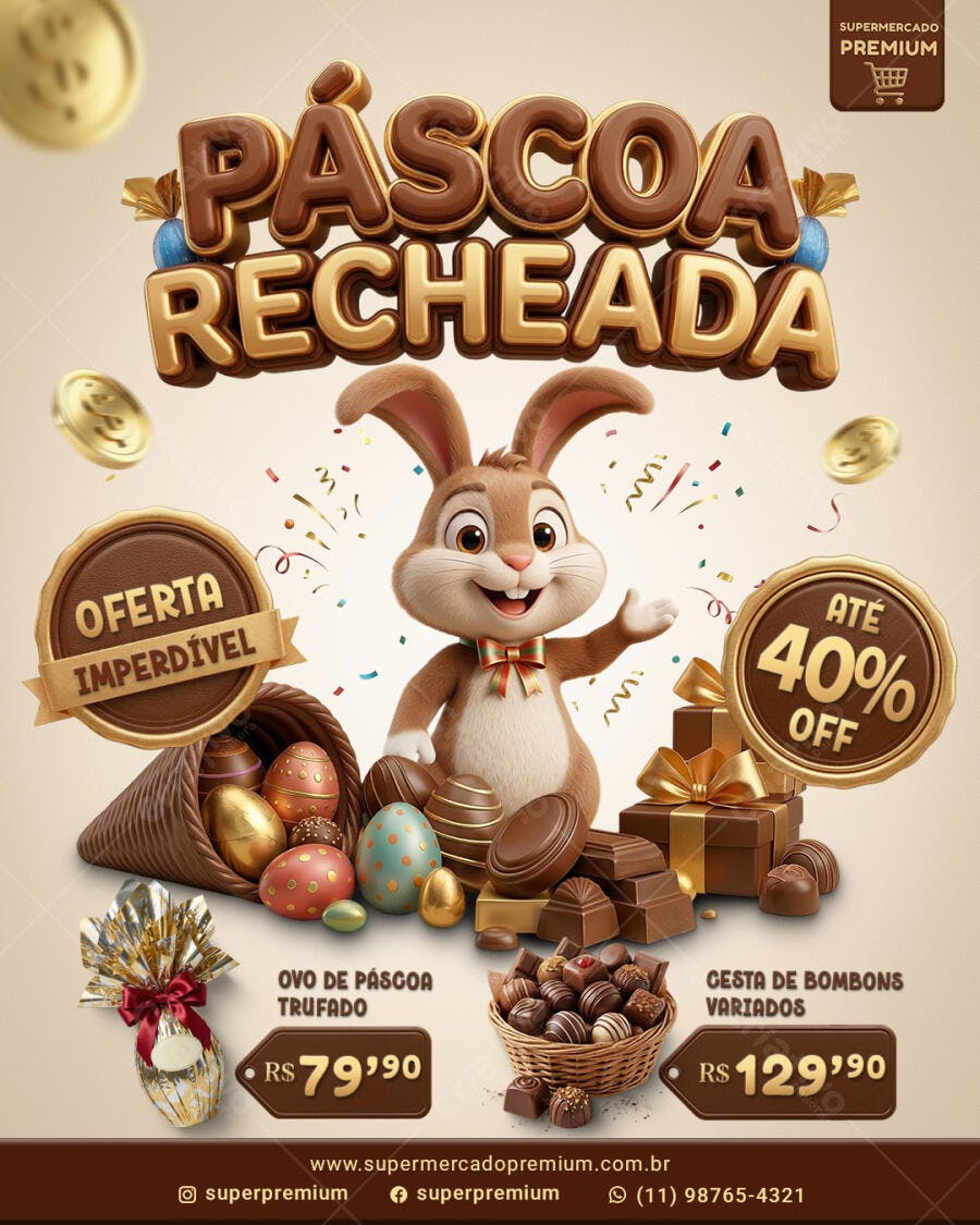Flyer Páscoa Recheada Supermercado PSD Editável