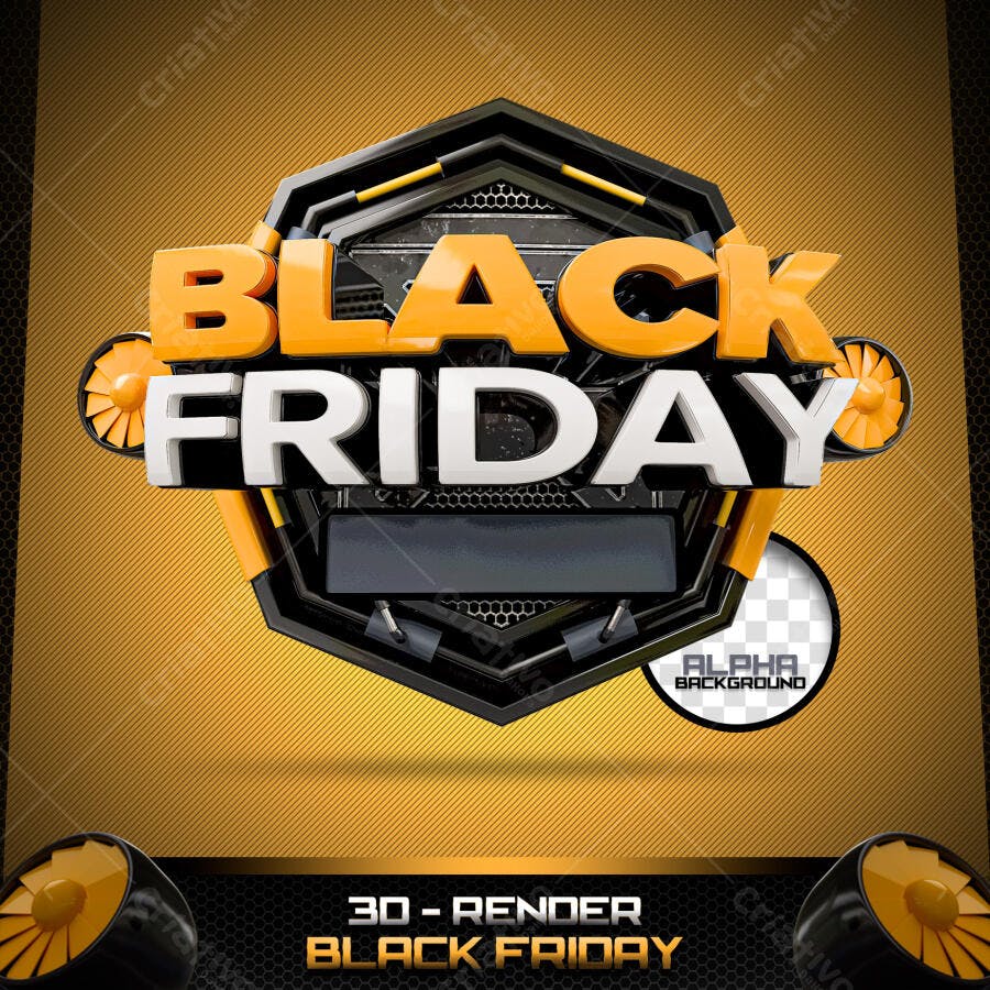 Selo 3D Black Friday Hexagonal Preto Laranja PNG Transparente