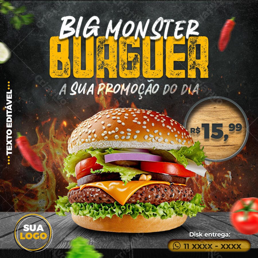 Post Instagram Hamburgueria Big Monster PSD Editável