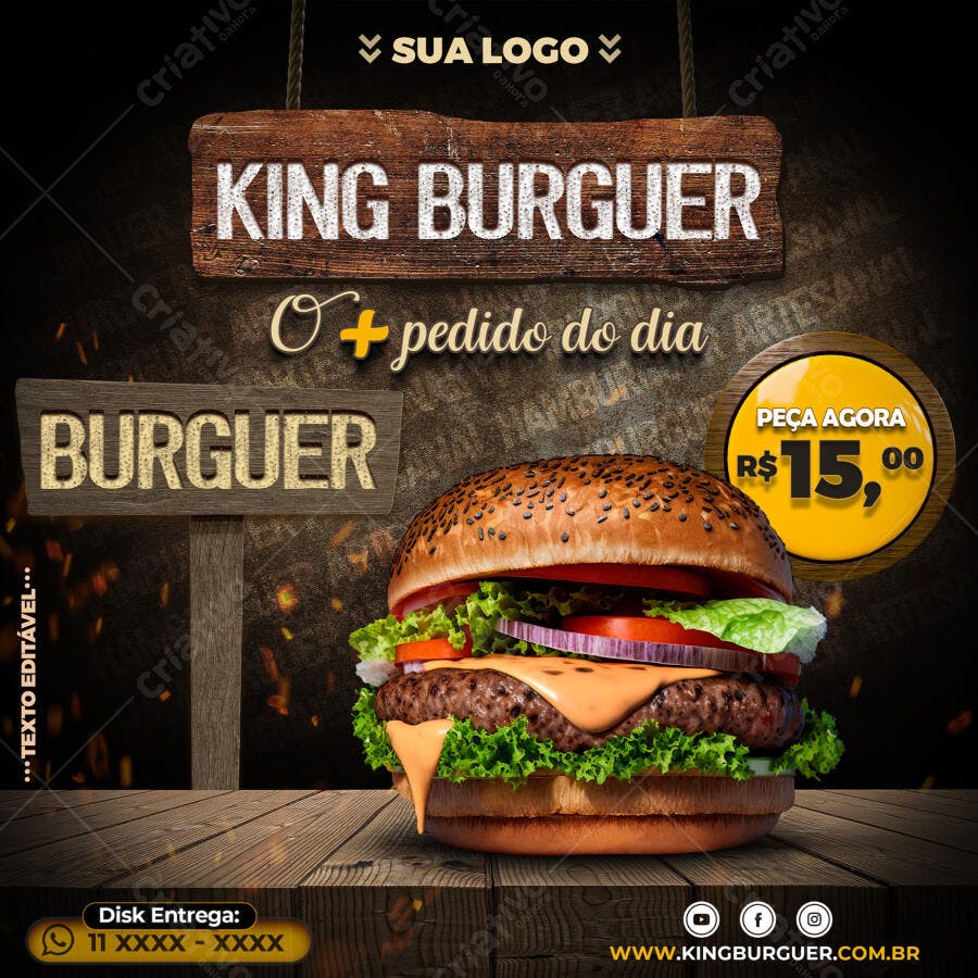 Post Instagram King Burguer Hamburgueria PSD Editável