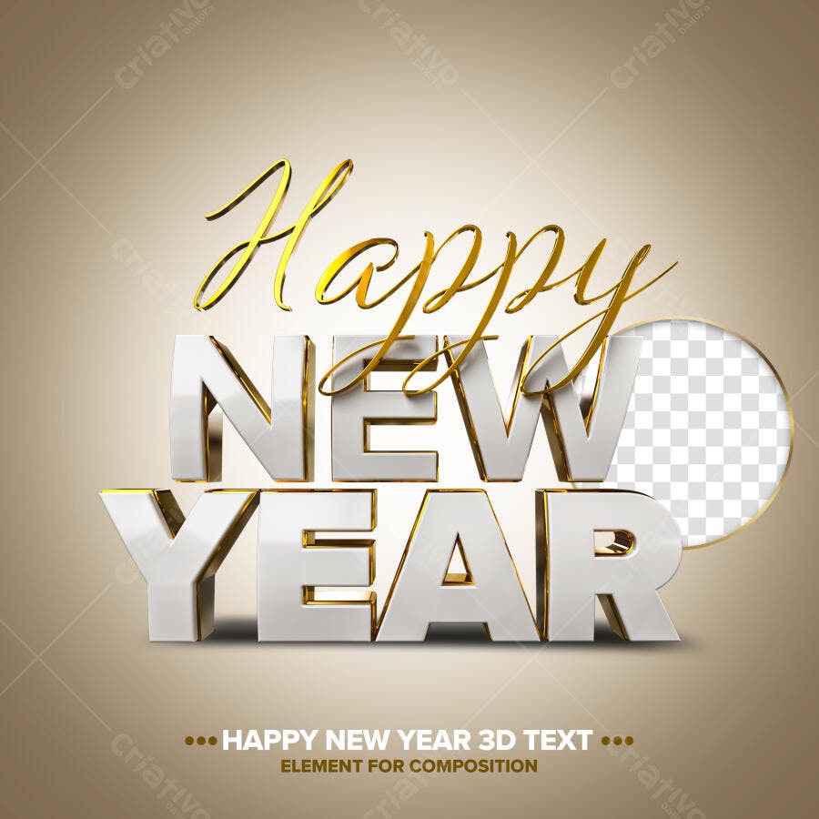 Happy New Year 3D Texto Dourado PSD Editável
