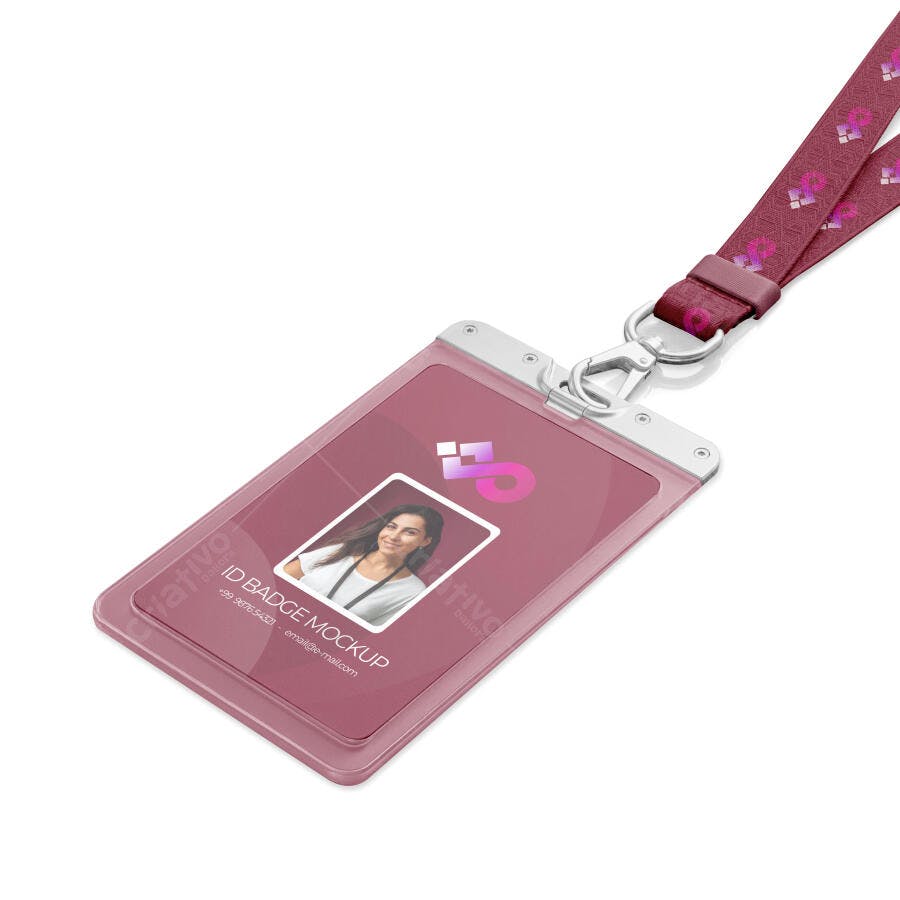 Mockup Crachá Identificação Cordão Rosa Fundo Branco Editável