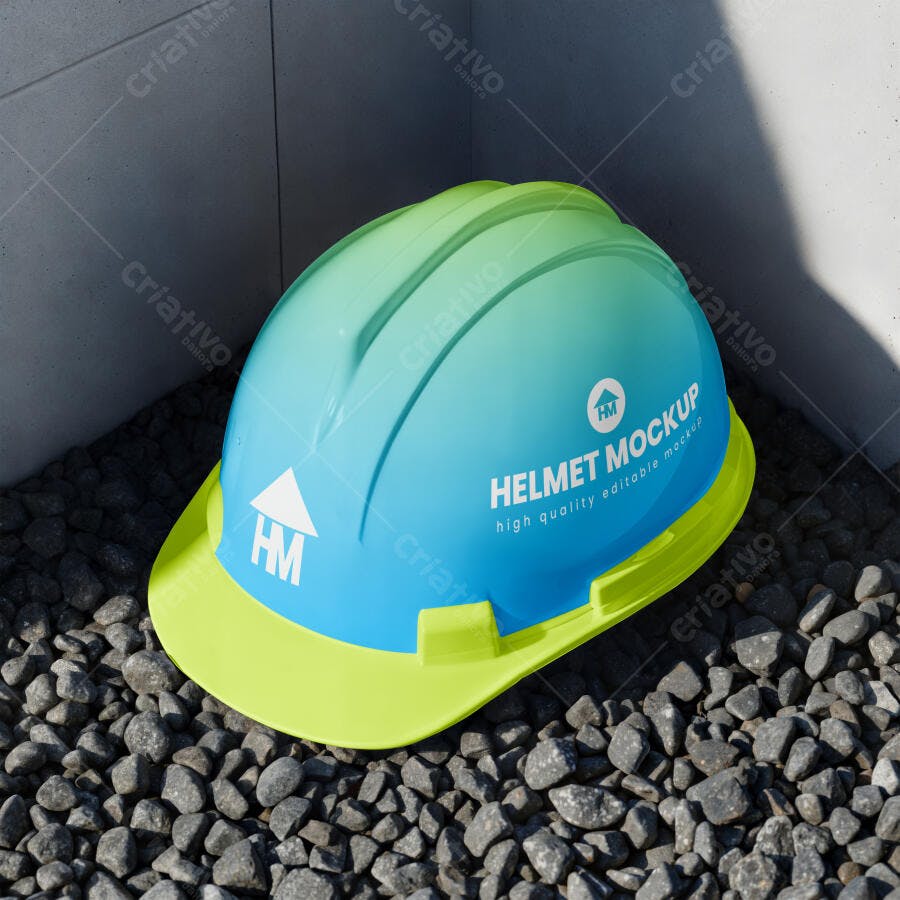 Mockup Capacete Segurança Construção Fundo Pedras Editável