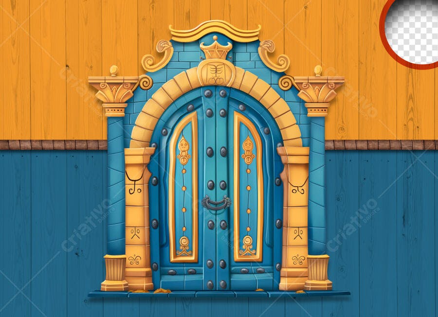 Porta Encantada Azul Amarela Desenho Animado PSD Editável