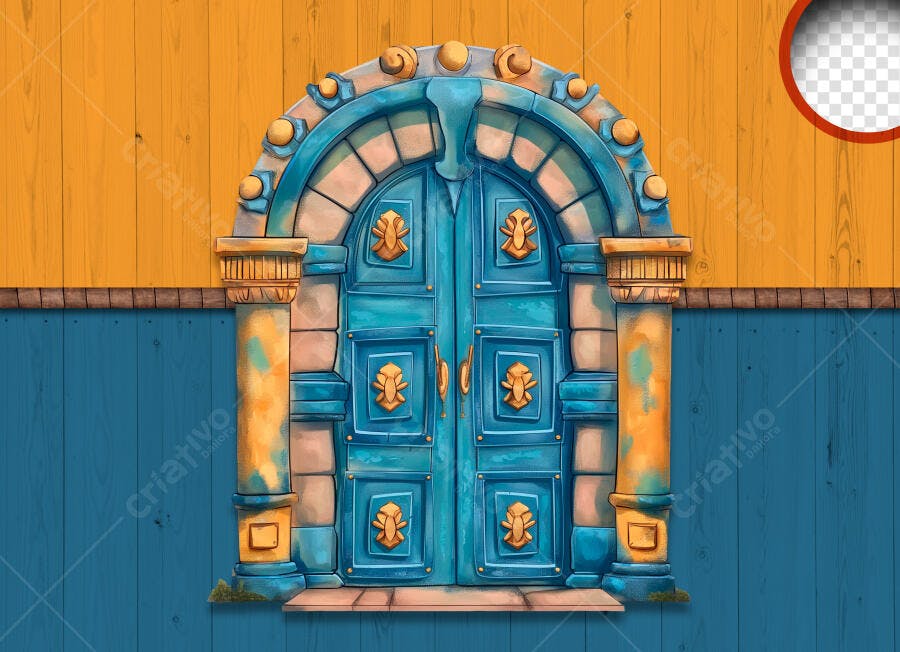 Porta Antiga Azul Amarela Desenho Animado PSD Editável