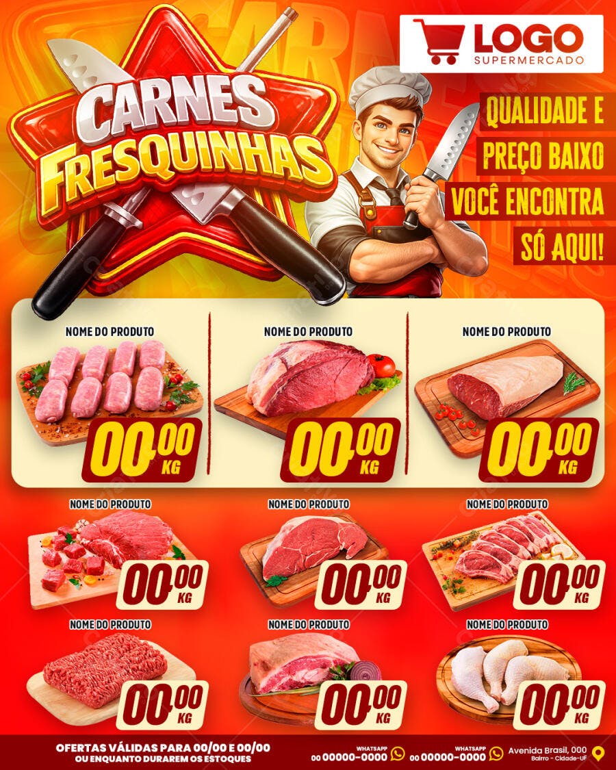 Flyer Ofertas Carnes Açougue Supermercado PSD Editável
