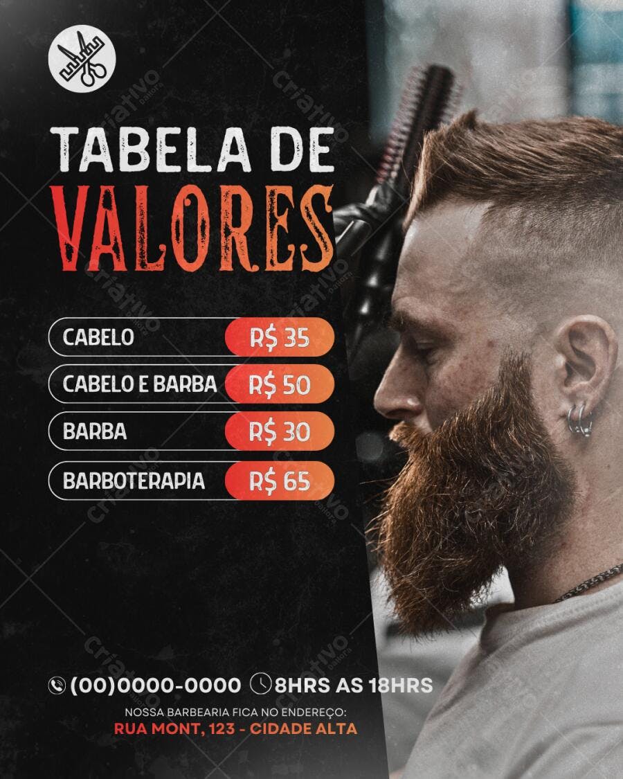 Template Canva Flyer Barbearia Tabela de Valores Moderno Editável
