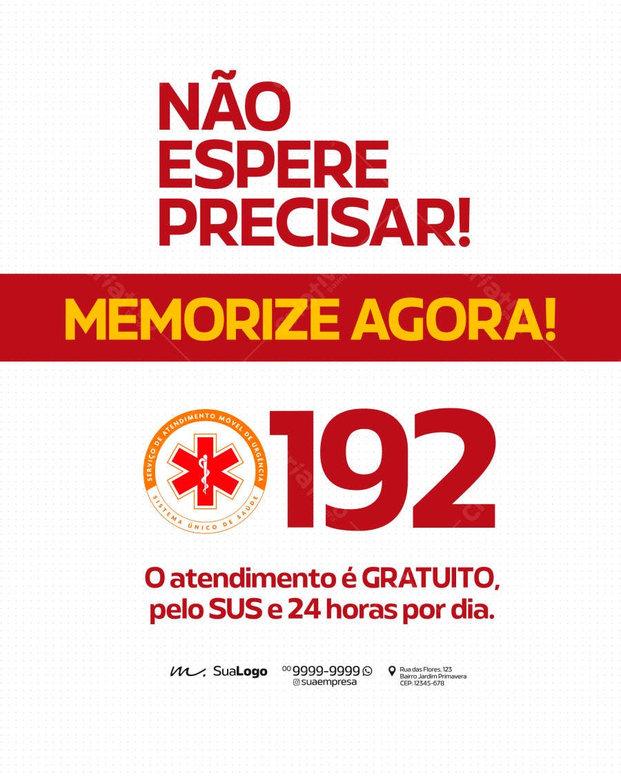 Post Social Media SAMU 192 Saúde Pública PSD Editável