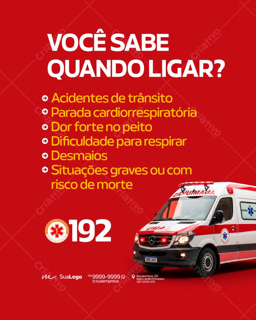 Post Instagram SAMU 192 Emergência Saúde PSD Editável