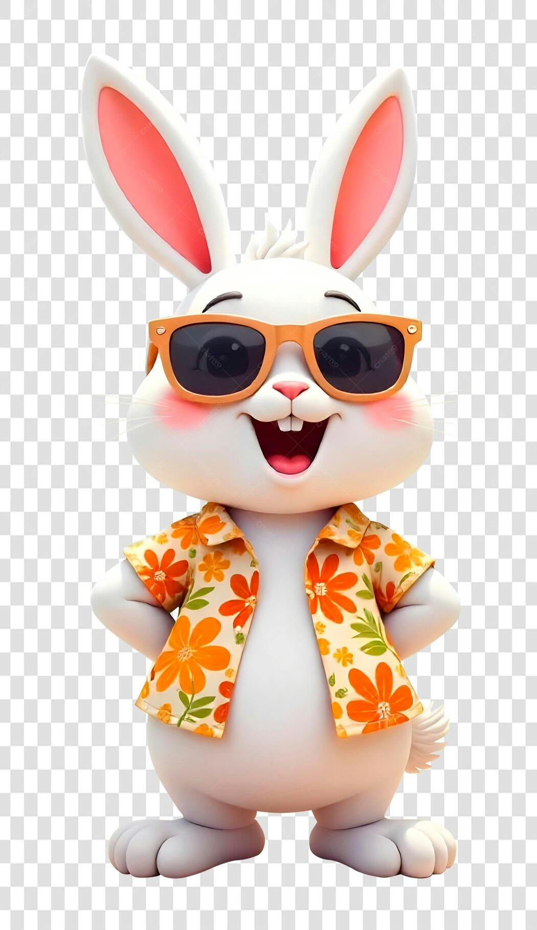 Personagem 3D Coelhinho Páscoa Óculos Sol Camisa Havaiana PNG Fundo Transparente