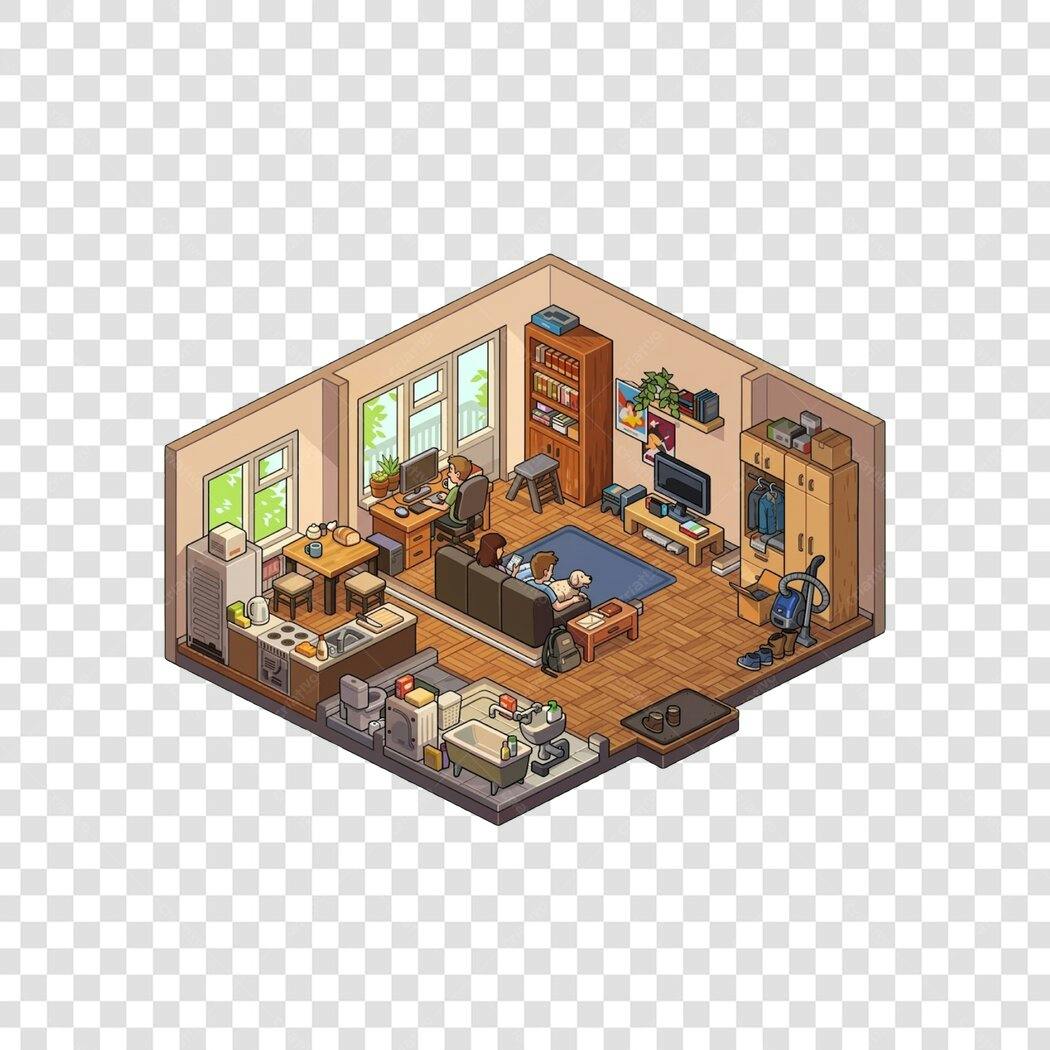 Ilustração Flat Design Quarto Escritório Isometrico PNG Fundo Transparente