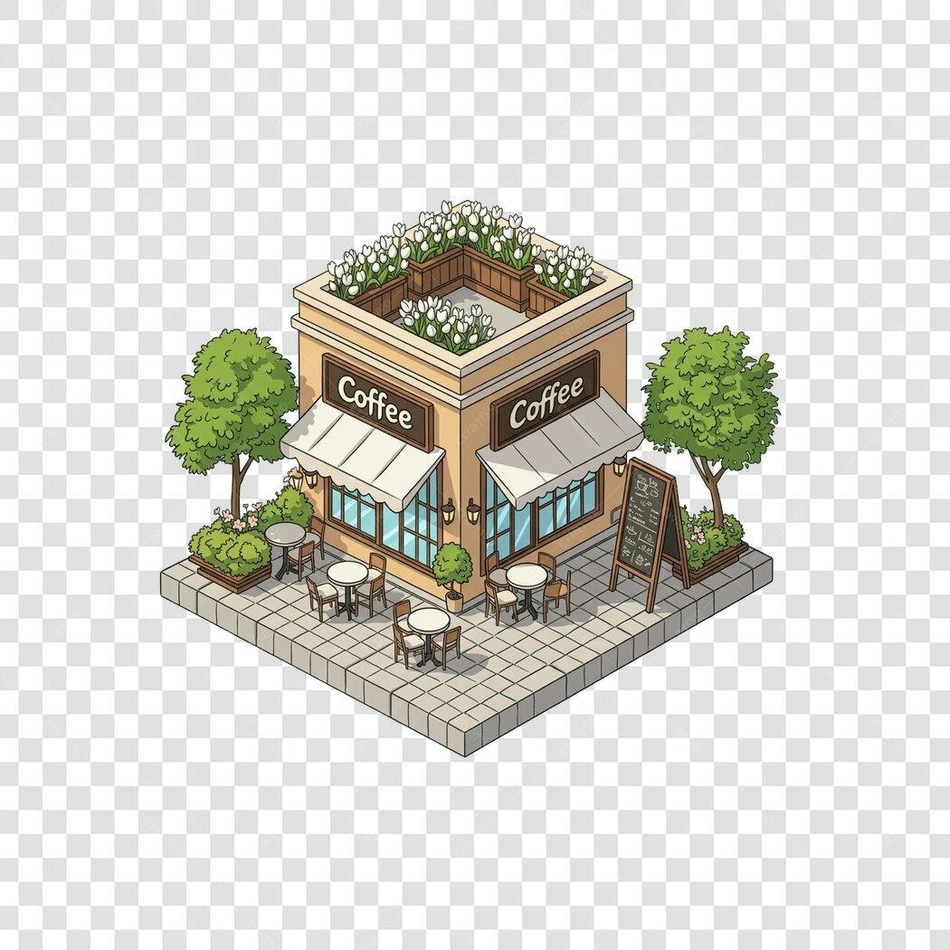 Ilustração Cafeteria Isometrica Flat Design PNG Fundo Transparente