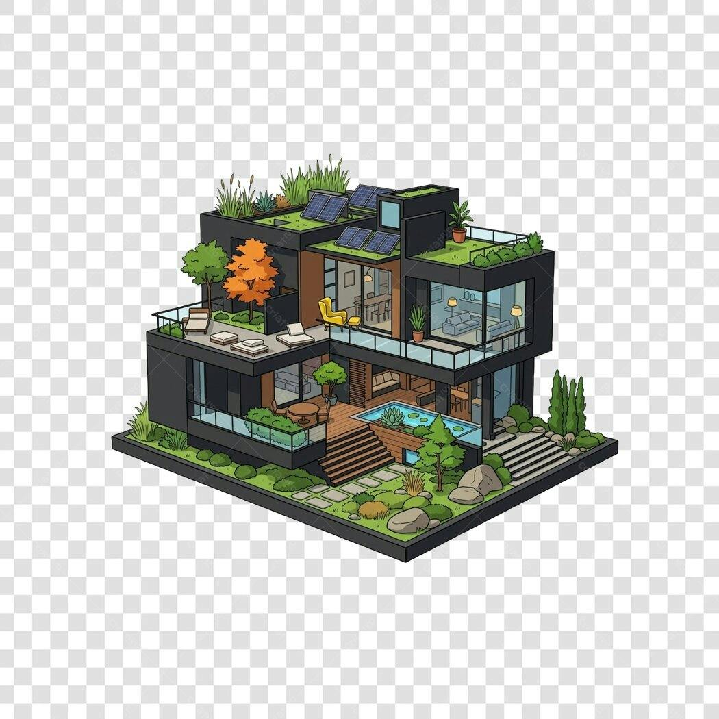 Ilustração Casa Moderna Sustentável Elemento 3D PNG Fundo Transparente