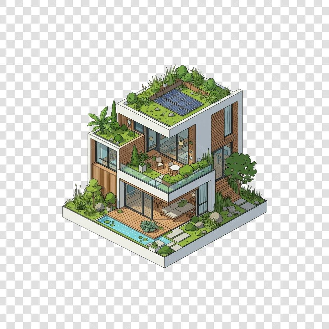 Ilustração Casa Moderna Isometrica Telhado Verde PNG Fundo Transparente