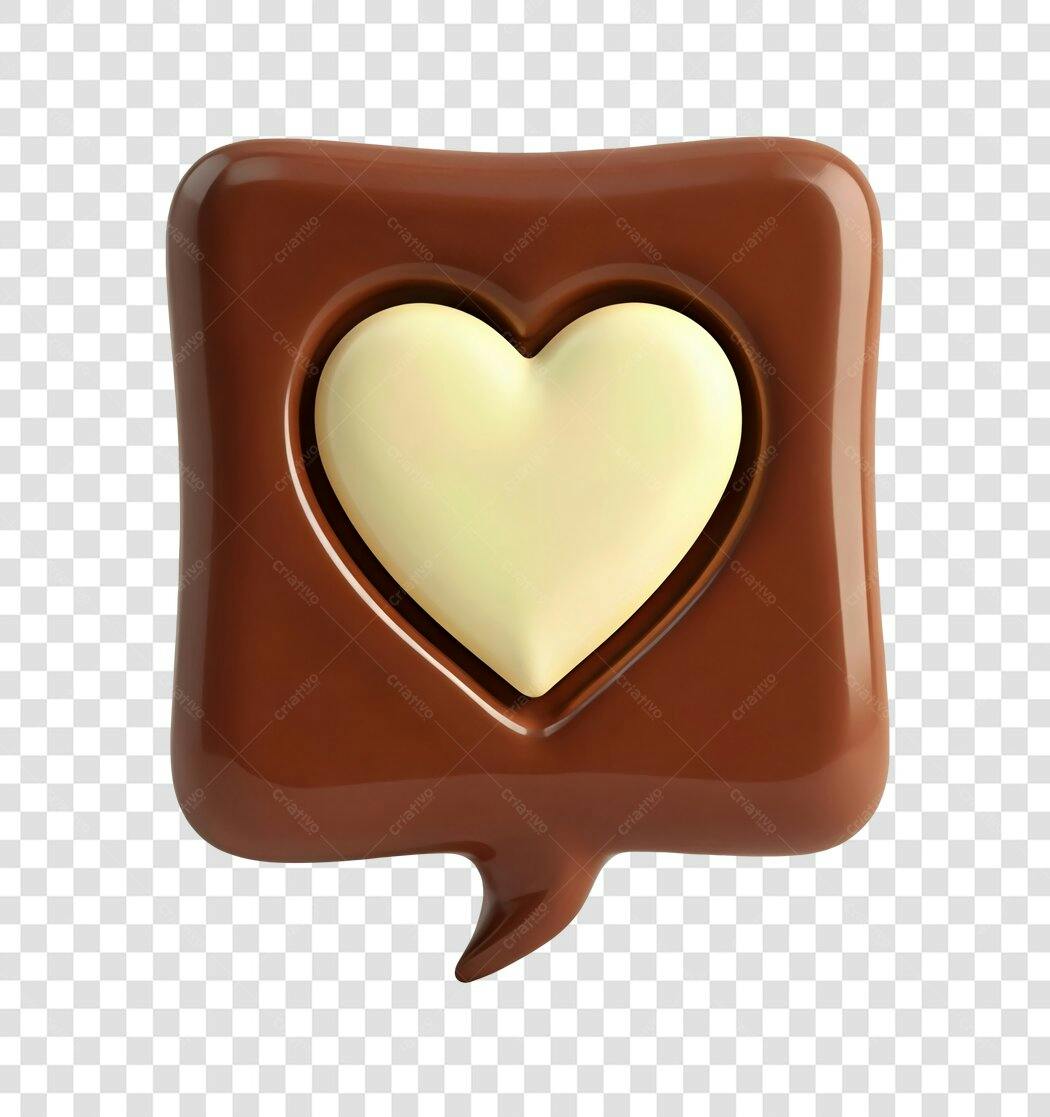 Elemento 3D Balão de Fala Coração Chocolate PNG Fundo Transparente