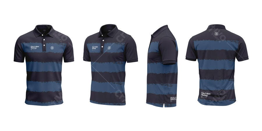 Mockup Camiseta Polo Listrada Azul Marinho e Azul Realista Editável