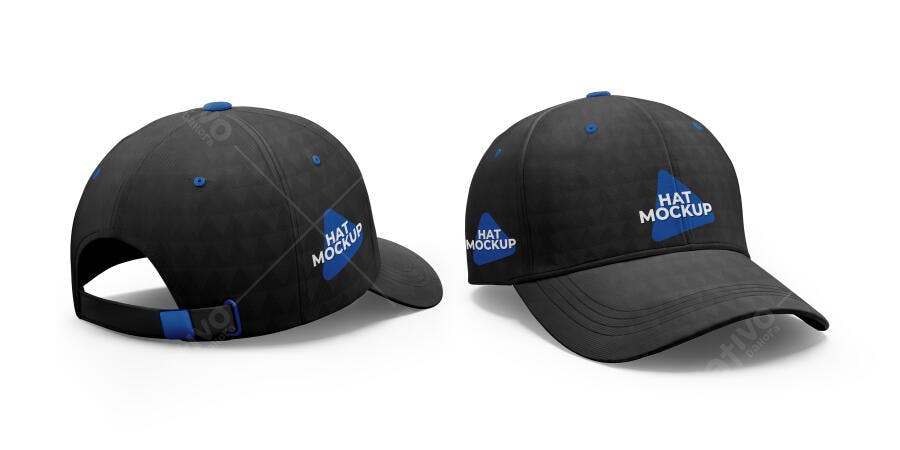 Mockup Boné Preto Frente e Verso Fundo Branco Editável