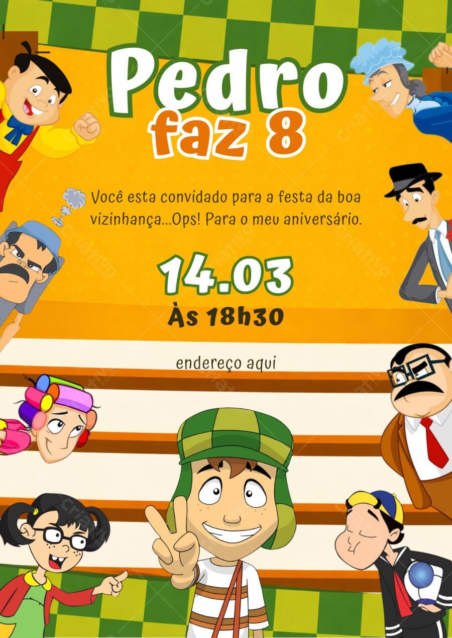 Convite Aniversário Chaves 8 Anos Editável Digital