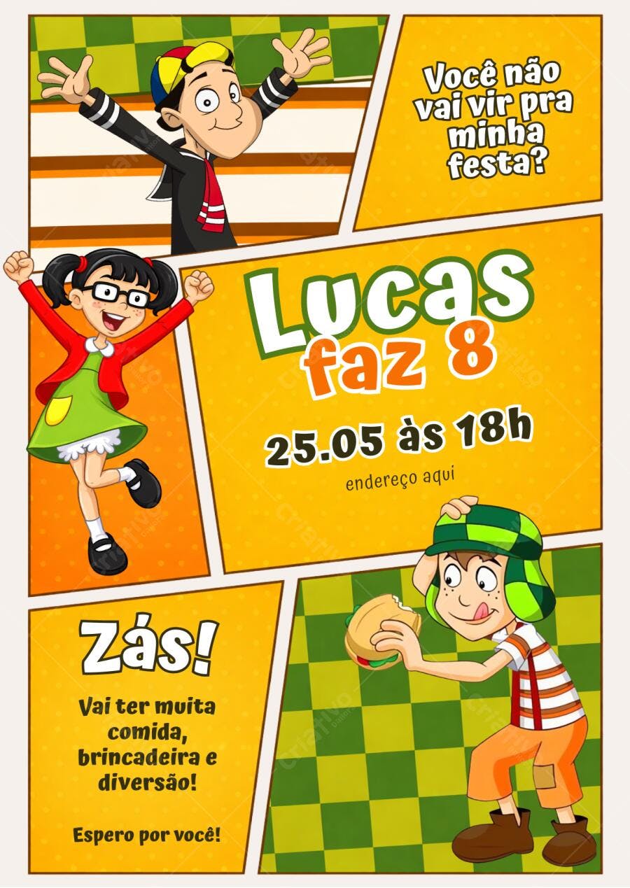 Convite Aniversário Chaves e Turma 8 Anos Editável