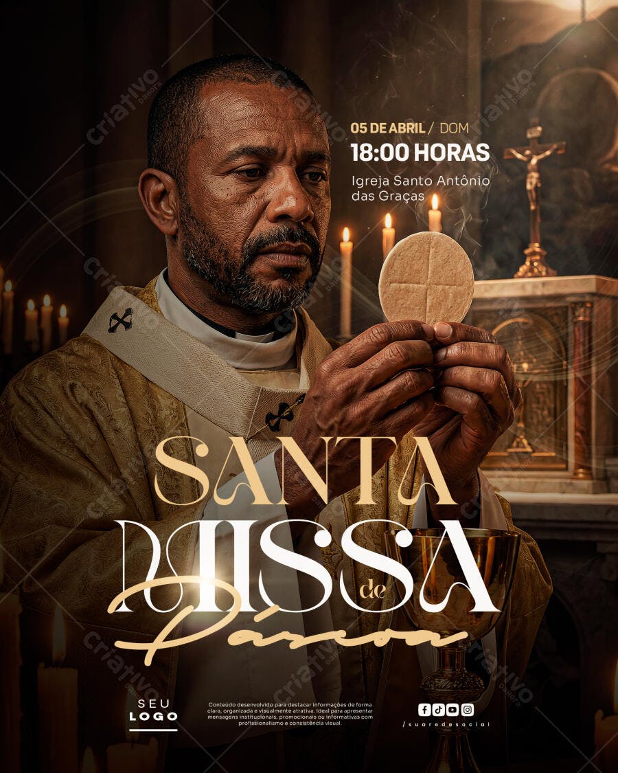 Post Instagram Santa Missa de Páscoa Igreja PSD Editável