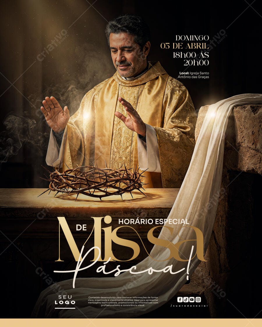 Post Instagram Missa de Páscoa Igreja PSD Editável