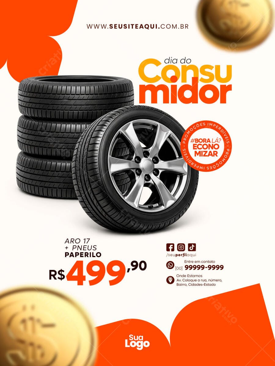 Flyer Dia do Consumidor Pneus Automotivo PSD Editável