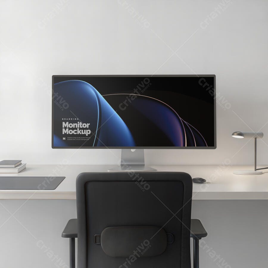 Mockup Monitor Computador Frontal Mesa Escritório Editável