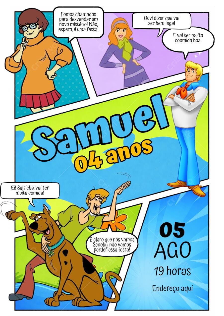 Convite Aniversário Scooby-Doo 4 Anos Editável Quadrinhos